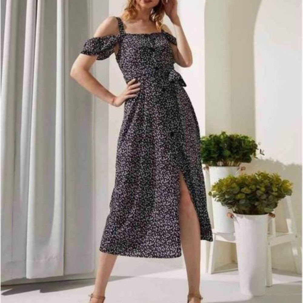 NWT Black and White Floral Cutout Button-Front Slit Midi Dress - Women